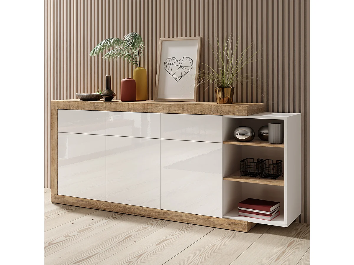 Buffet 3 portes 3 tiroirs Azior Blanc et Bois