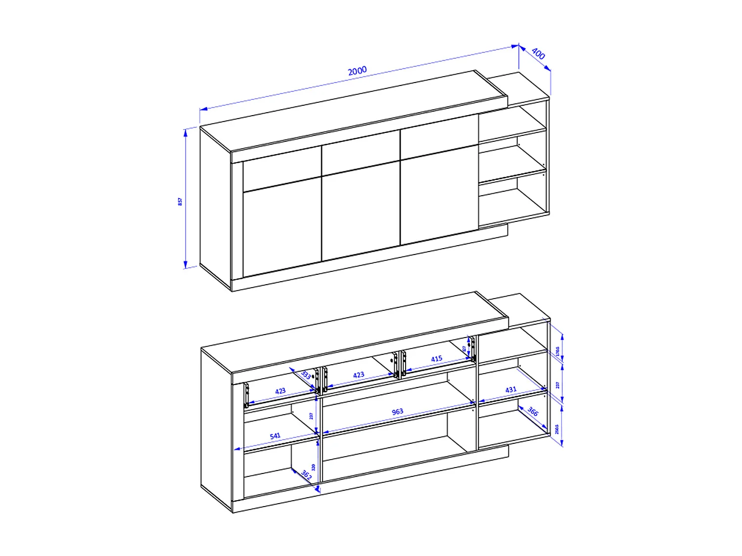 Buffet 3 portes 3 tiroirs Azior Blanc et Bois