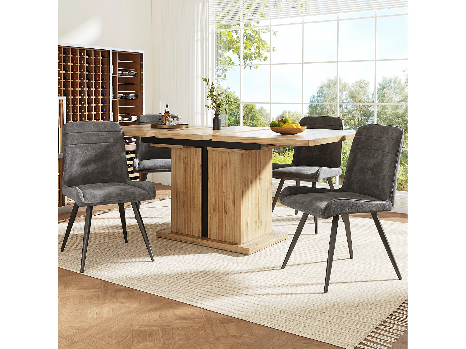 Ausziehbares Tischset + 4 graue Samtstühle ohne Armlehnen - 119/158,5 x 80 x 75 cm - MDF-Holz - T-Säulenbeine - Natur