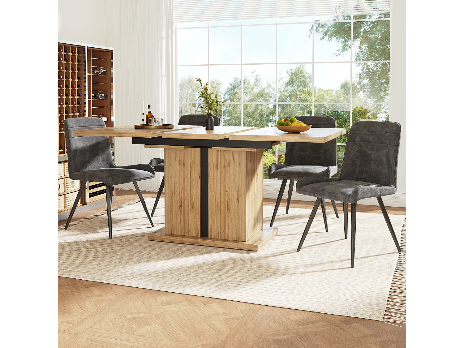 Ausziehbares Tischset + 4 graue Samtstühle ohne Armlehnen - 119/158,5 x 80 x 75 cm - MDF-Holz - T-Säulenbeine - Natur