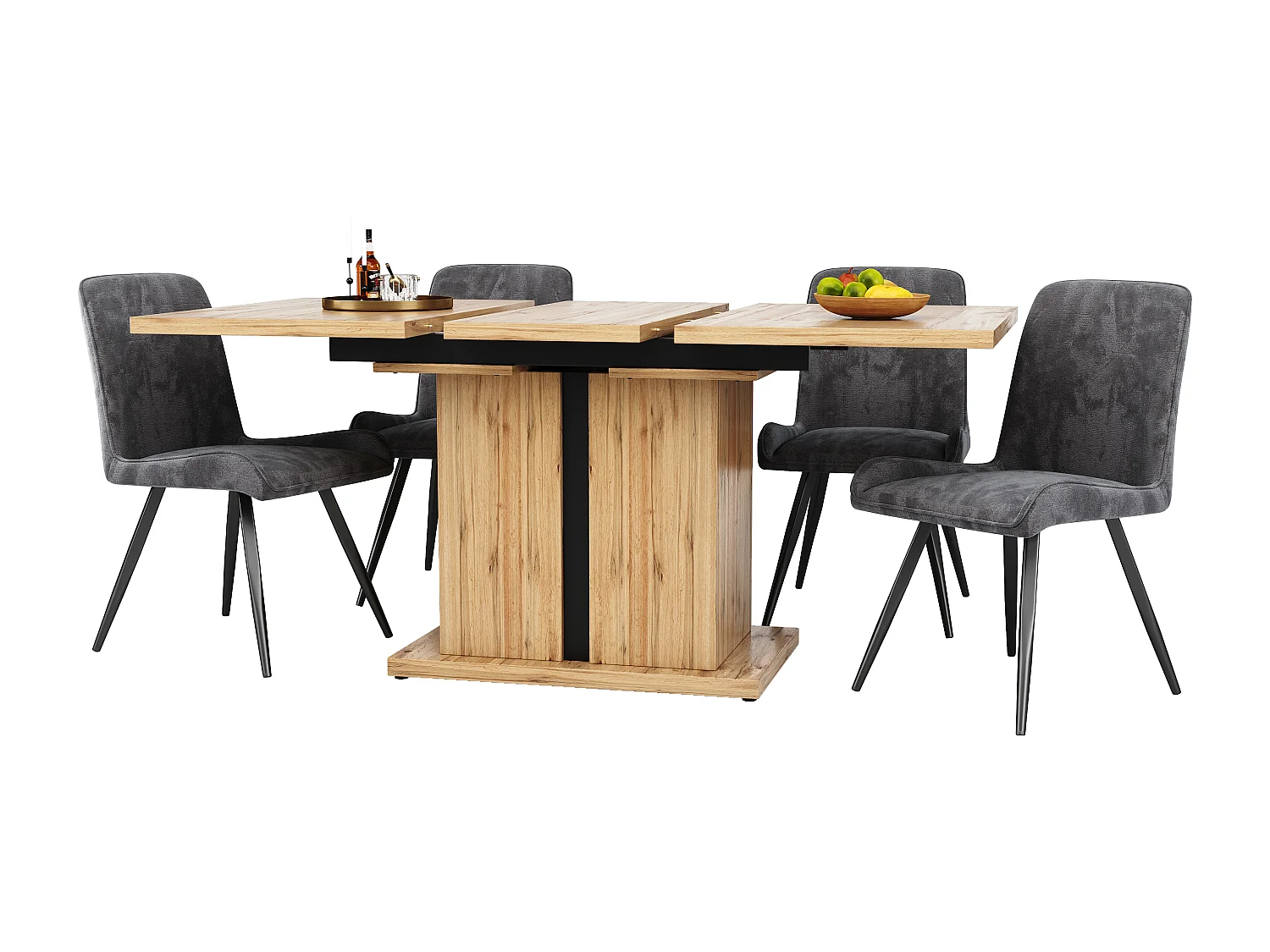 Ausziehbares Tischset + 4 graue Samtstühle ohne Armlehnen - 119/158,5 x 80 x 75 cm - MDF-Holz - T-Säulenbeine - Natur