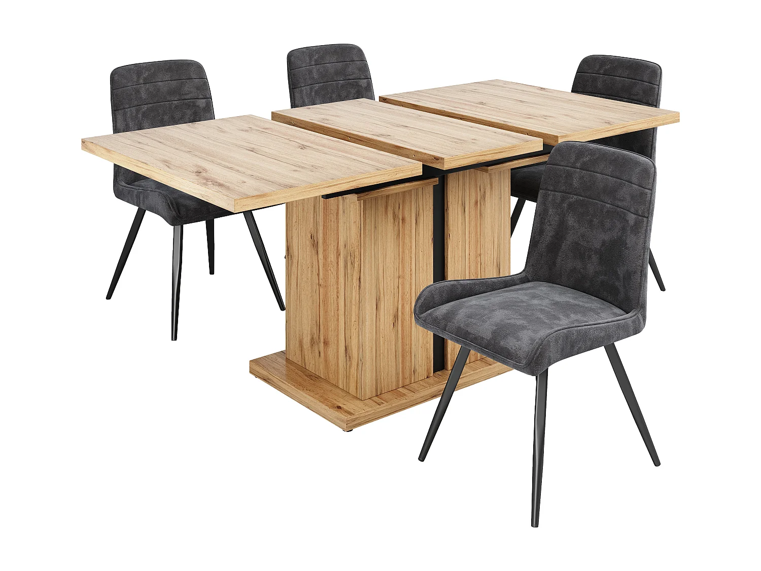 Ausziehbares Tischset + 4 graue Samtstühle ohne Armlehnen - 119/158,5 x 80 x 75 cm - MDF-Holz - T-Säulenbeine - Natur