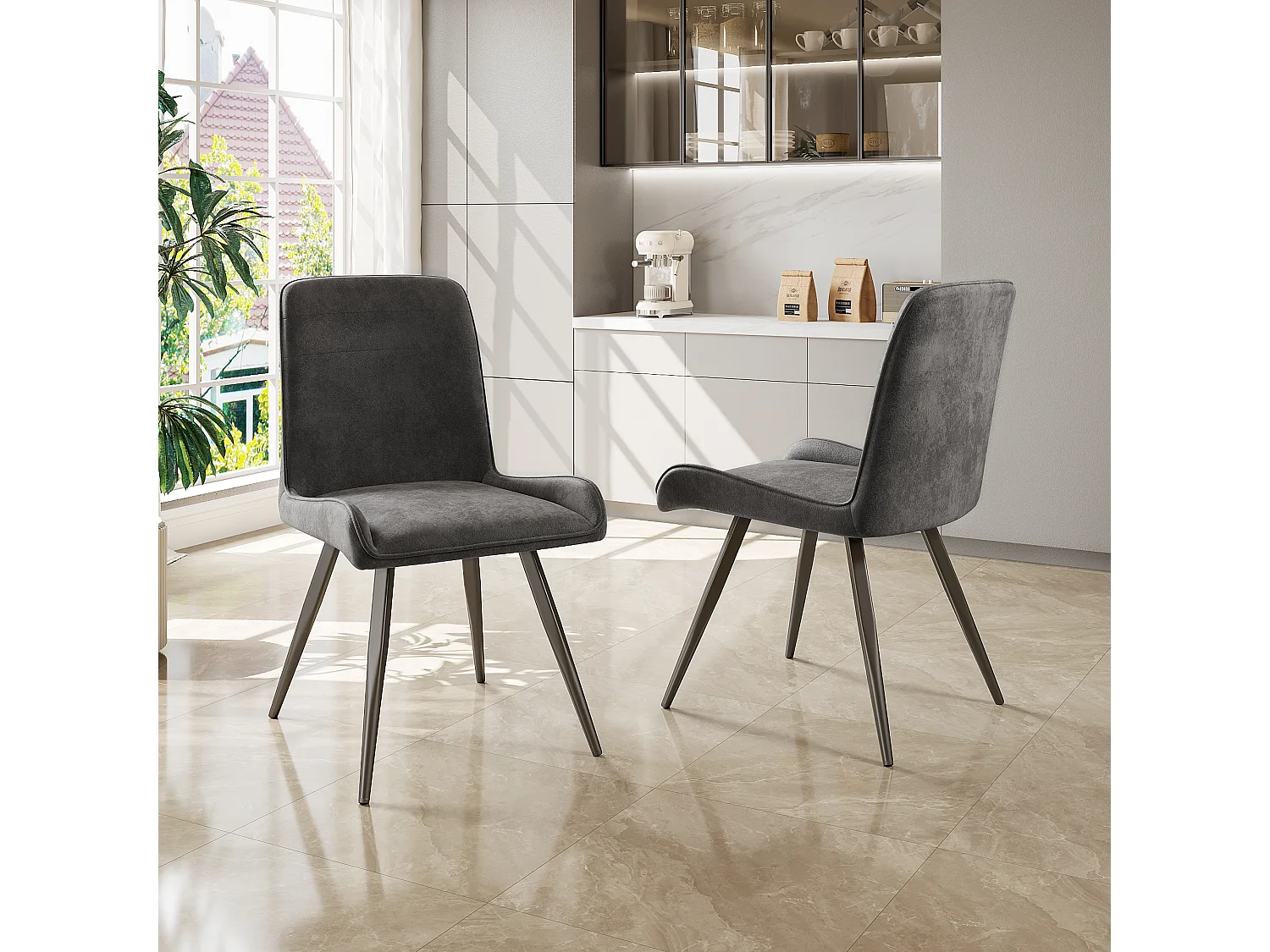 Ausziehbares Tischset + 4 graue Samtstühle ohne Armlehnen - 119/158,5 x 80 x 75 cm - MDF-Holz - T-Säulenbeine - Natur