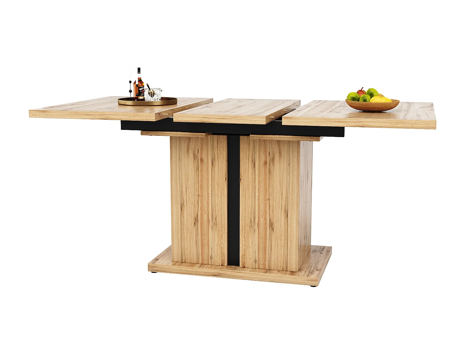 Ausziehbares Tischset + 4 graue Samtstühle ohne Armlehnen - 119/158,5 x 80 x 75 cm - MDF-Holz - T-Säulenbeine - Natur