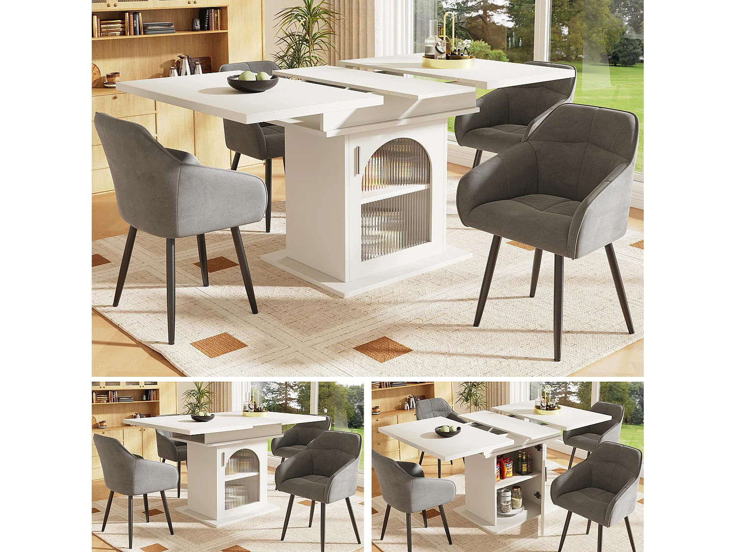 Ensemble table extensible avec 1 porte + 4 chaises en velours gris - 110/140 x 80 x 75 cm - Bois MDF - Blanc