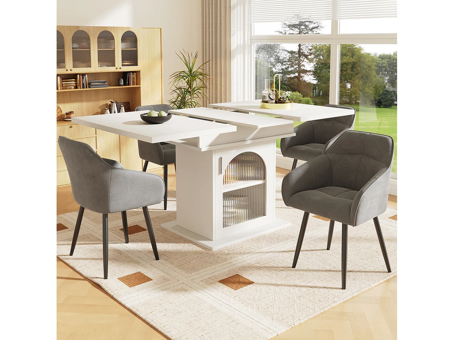 Ensemble table extensible avec 1 porte + 4 chaises en velours gris - 110/140 x 80 x 75 cm - Bois MDF - Blanc