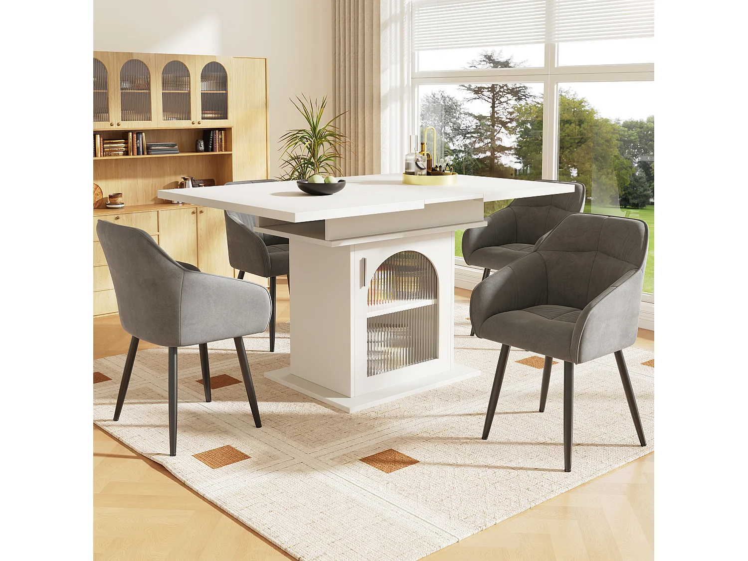 Ensemble table extensible avec 1 porte + 4 chaises en velours gris - 110/140 x 80 x 75 cm - Bois MDF - Blanc