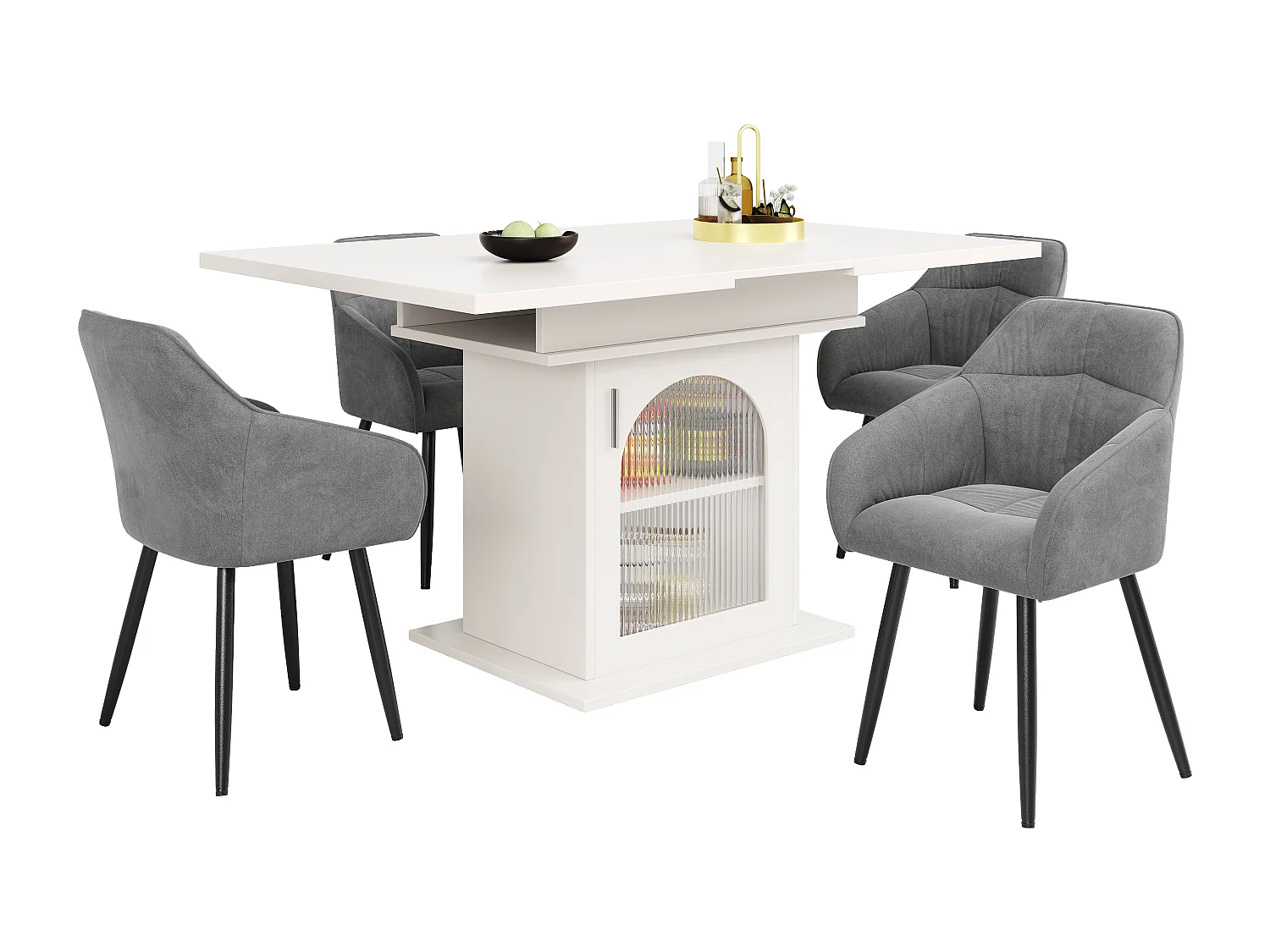 Ensemble table extensible avec 1 porte + 4 chaises en velours gris - 110/140 x 80 x 75 cm - Bois MDF - Blanc