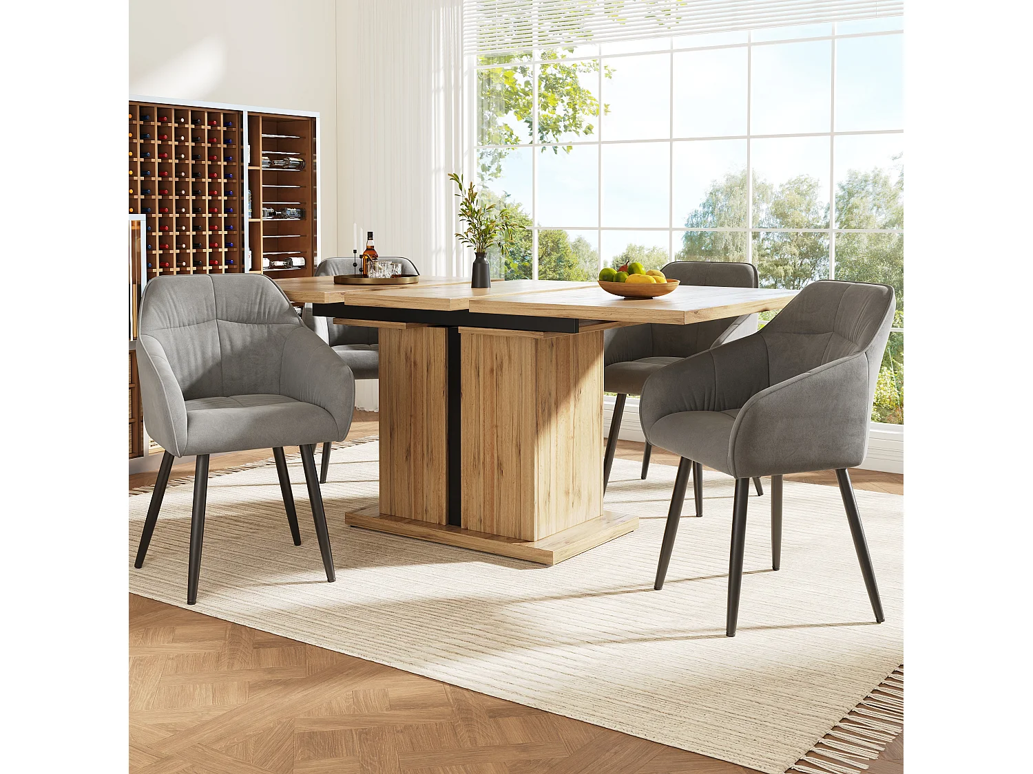 Conjunto de mesa extensível + 4 cadeiras em veludo cinza - 119/158,5 x 80 x 75 cm - Madeira MDF - Pés em coluna T - Natural