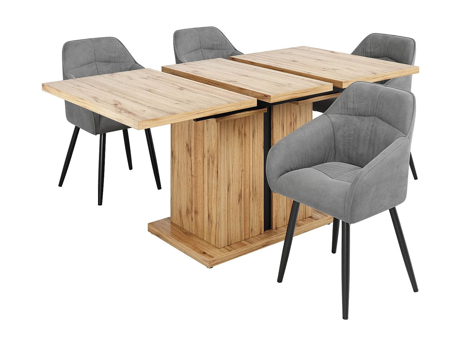 Conjunto de mesa extensível + 4 cadeiras em veludo cinza - 119/158,5 x 80 x 75 cm - Madeira MDF - Pés em coluna T - Natural