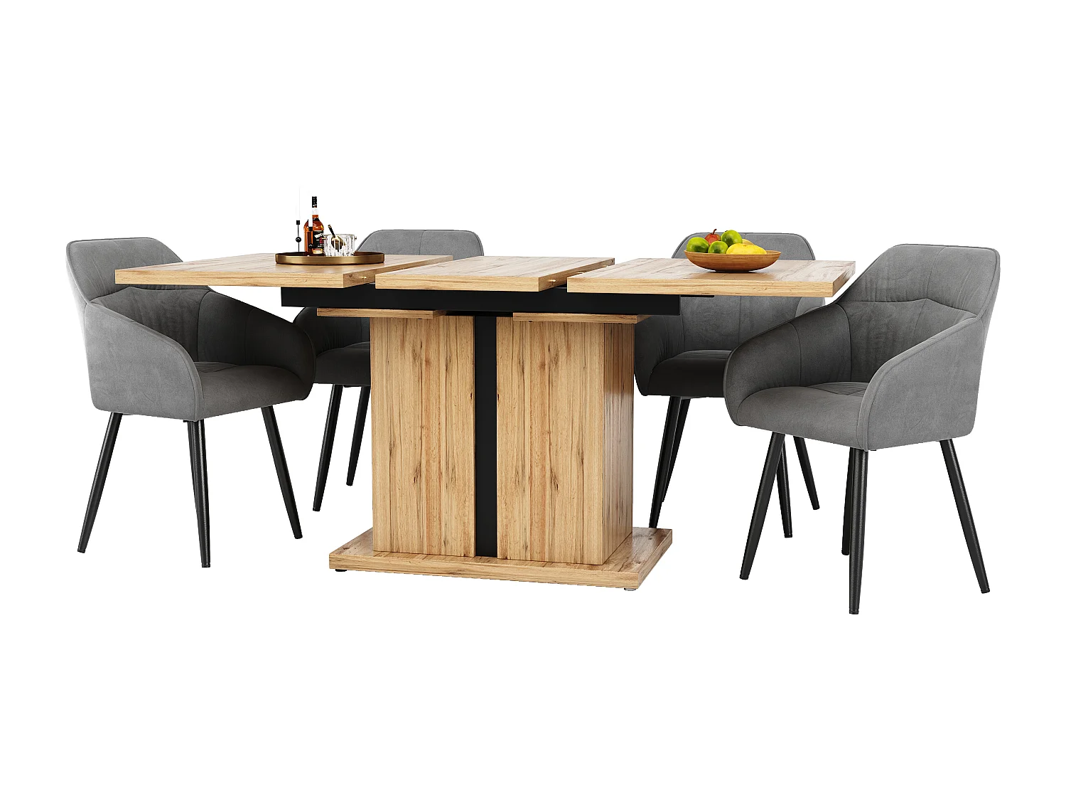 Conjunto de mesa extensível + 4 cadeiras em veludo cinza - 119/158,5 x 80 x 75 cm - Madeira MDF - Pés em coluna T - Natural