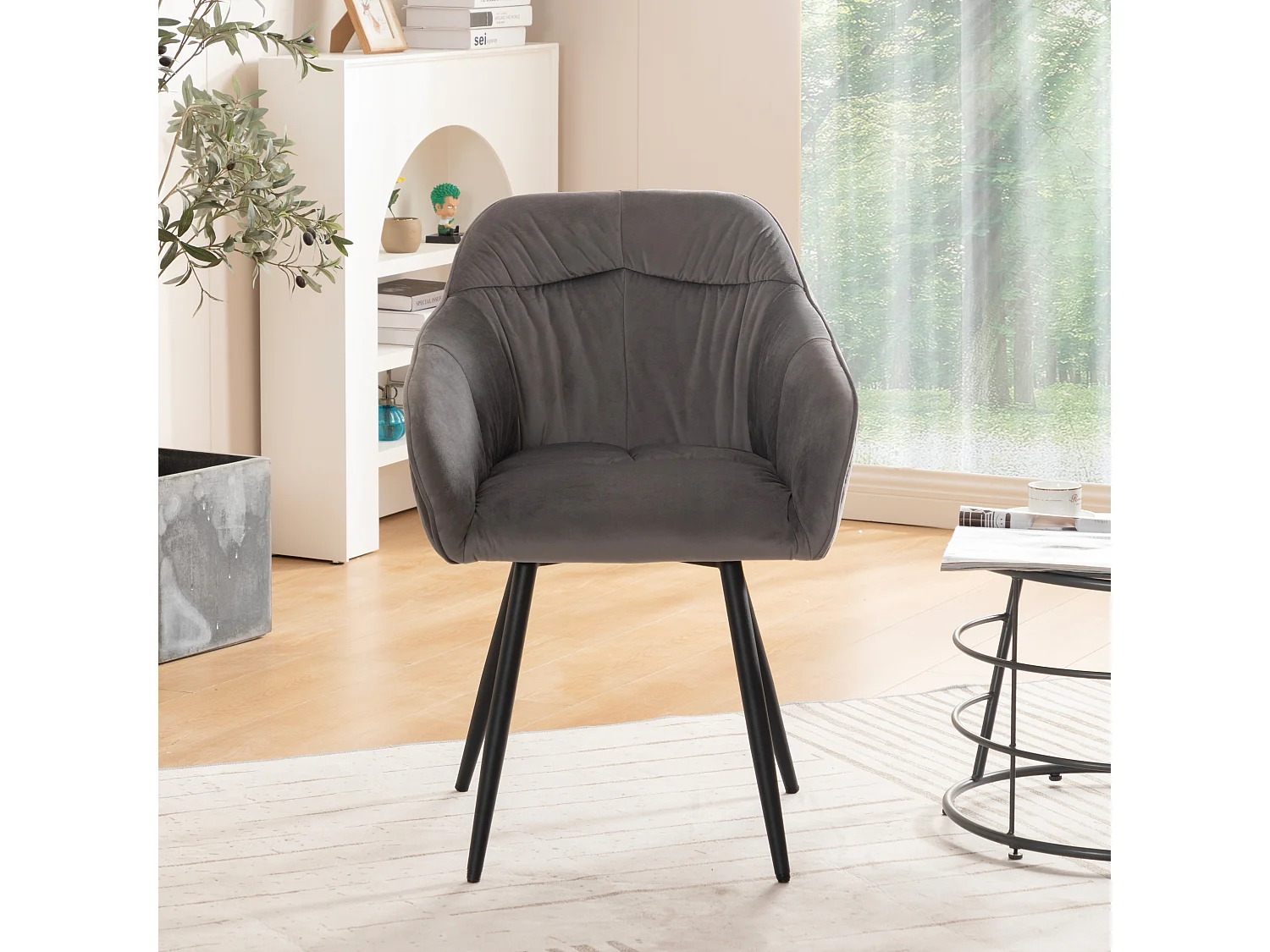 Conjunto de mesa extensível + 4 cadeiras em veludo cinza - 119/158,5 x 80 x 75 cm - Madeira MDF - Pés em coluna T - Natural