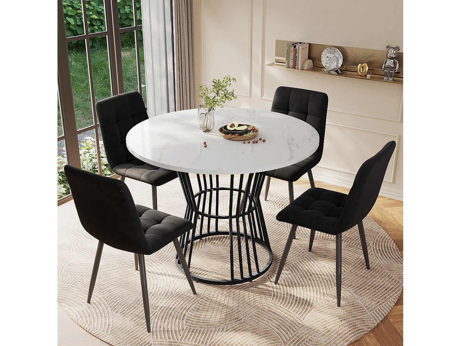 Ensemble table ronde + 4 chaises en velours - D 100 x H 75 cm - MDF et pièds en métal - Noir + blanc