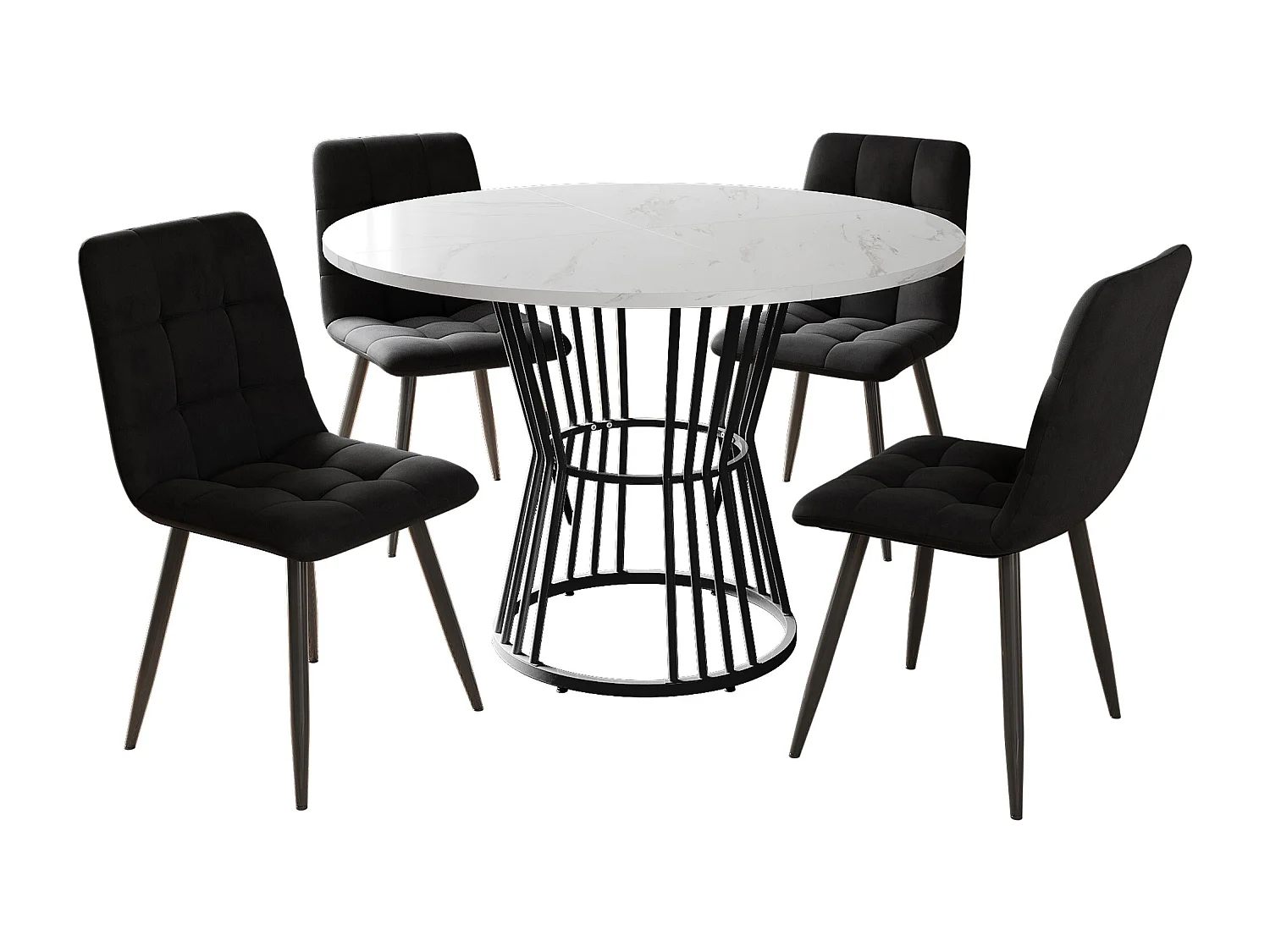 Ensemble table ronde + 4 chaises en velours - D 100 x H 75 cm - MDF et pièds en métal - Noir + blanc