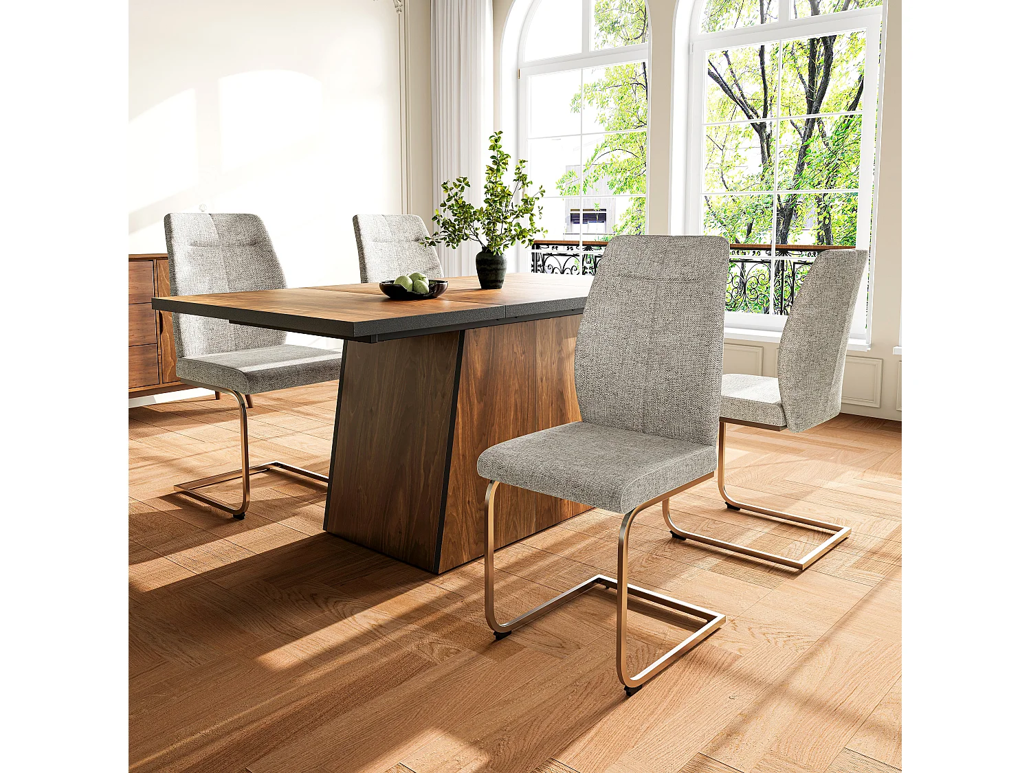 Ensemble table + 4 chaises cantilever en velours gris clair - 138.5 x 80 x 75 cm - Bois MDF - Marron