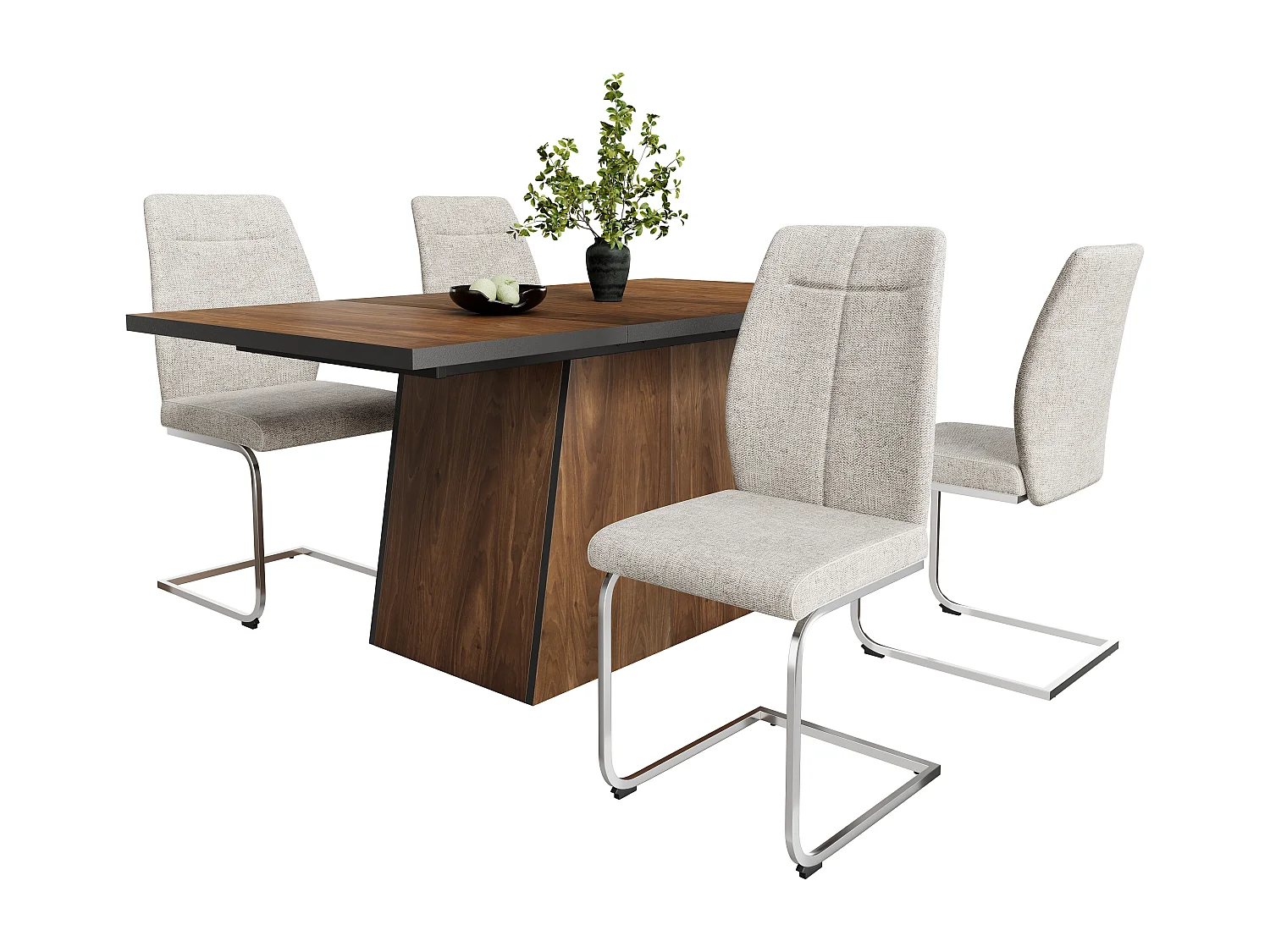 Ensemble table + 4 chaises cantilever en velours gris clair - 138.5 x 80 x 75 cm - Bois MDF - Marron