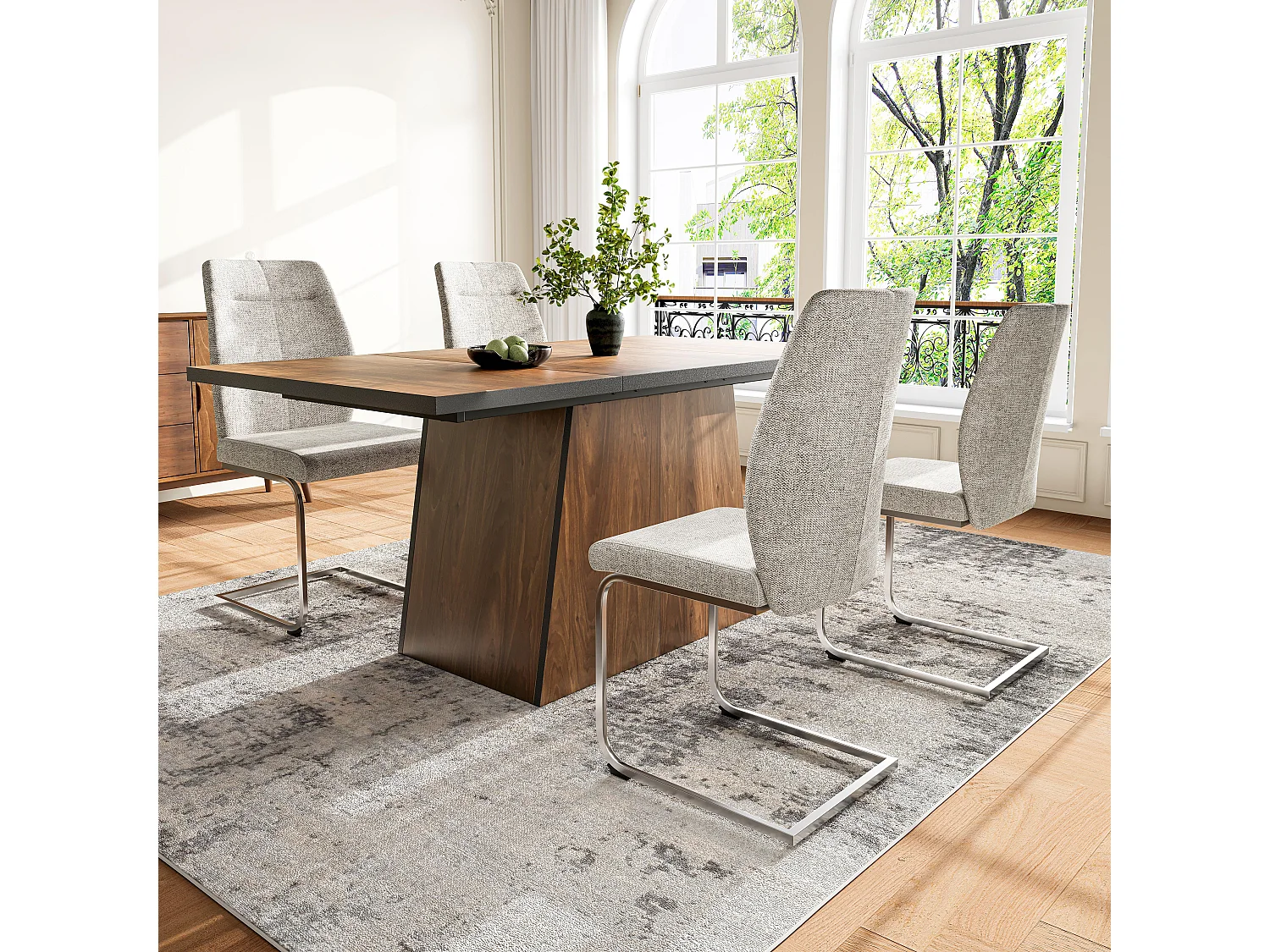 Ensemble table + 4 chaises cantilever en velours gris clair - 138.5 x 80 x 75 cm - Bois MDF - Marron