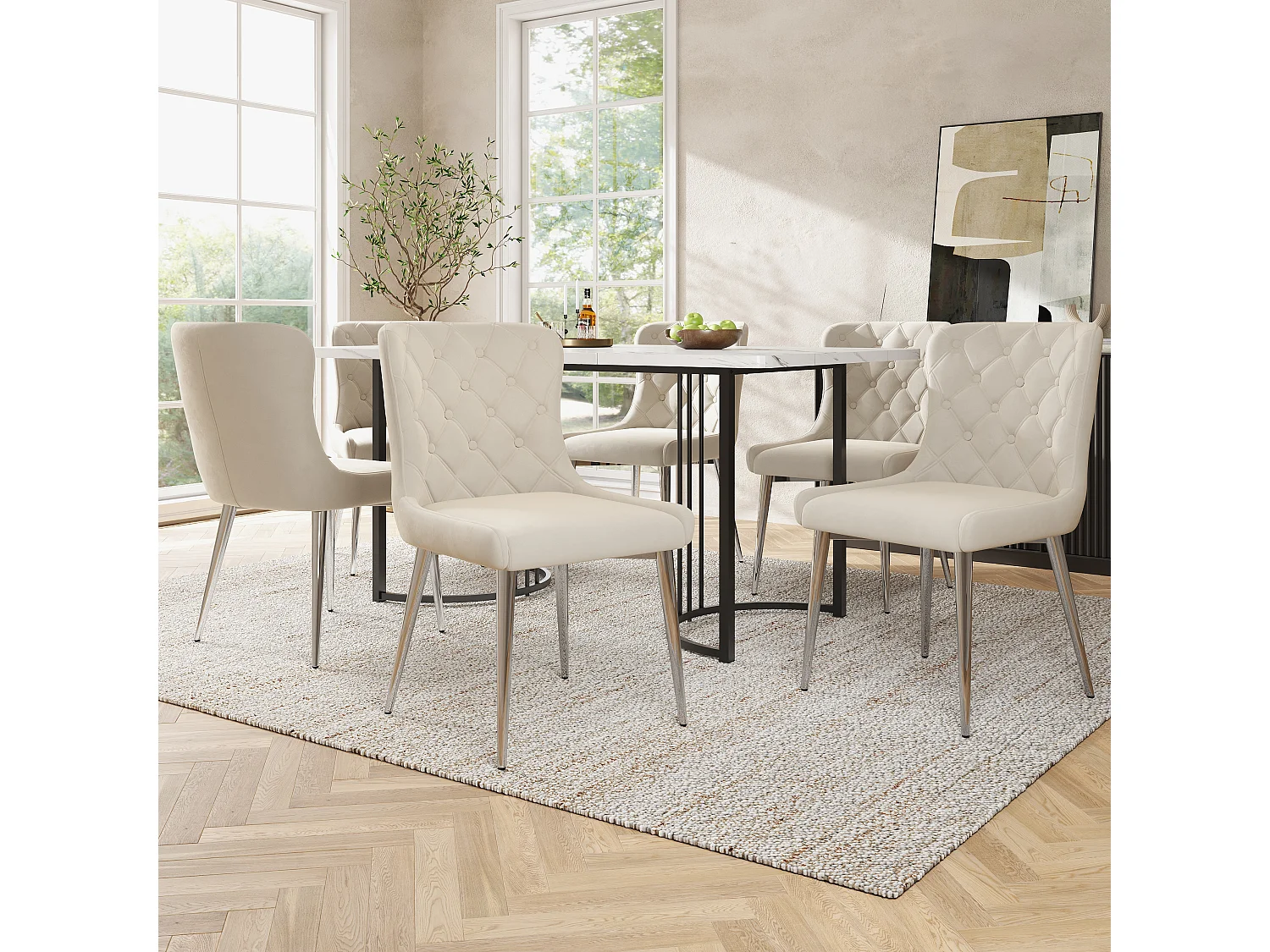 Conjunto de mesa moderno + 6 cadeiras de veludo branco - 140 x 80 x 75 cm - Madeira MDF - Branco