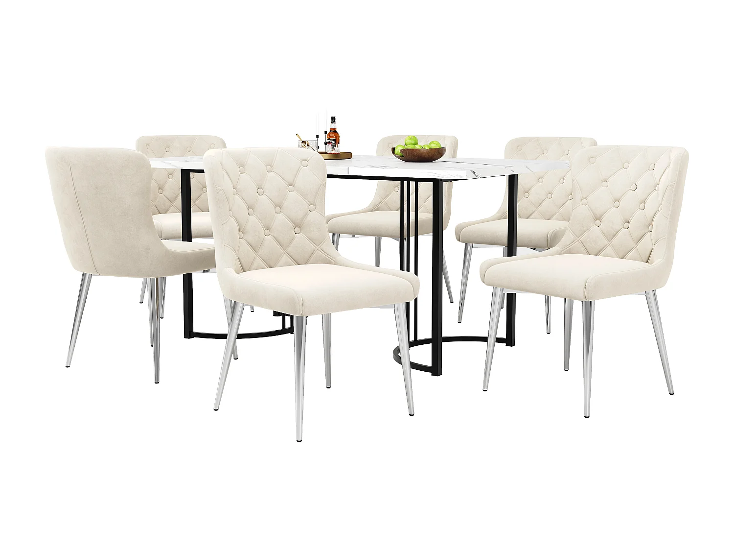 Conjunto de mesa moderno + 6 cadeiras de veludo branco - 140 x 80 x 75 cm - Madeira MDF - Branco