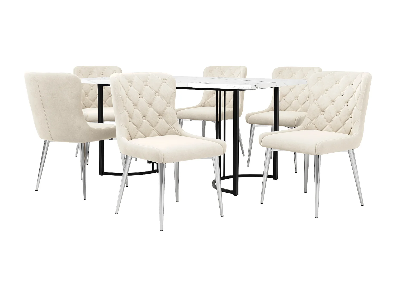 Conjunto de mesa moderno + 6 cadeiras de veludo branco - 140 x 80 x 75 cm - Madeira MDF - Branco