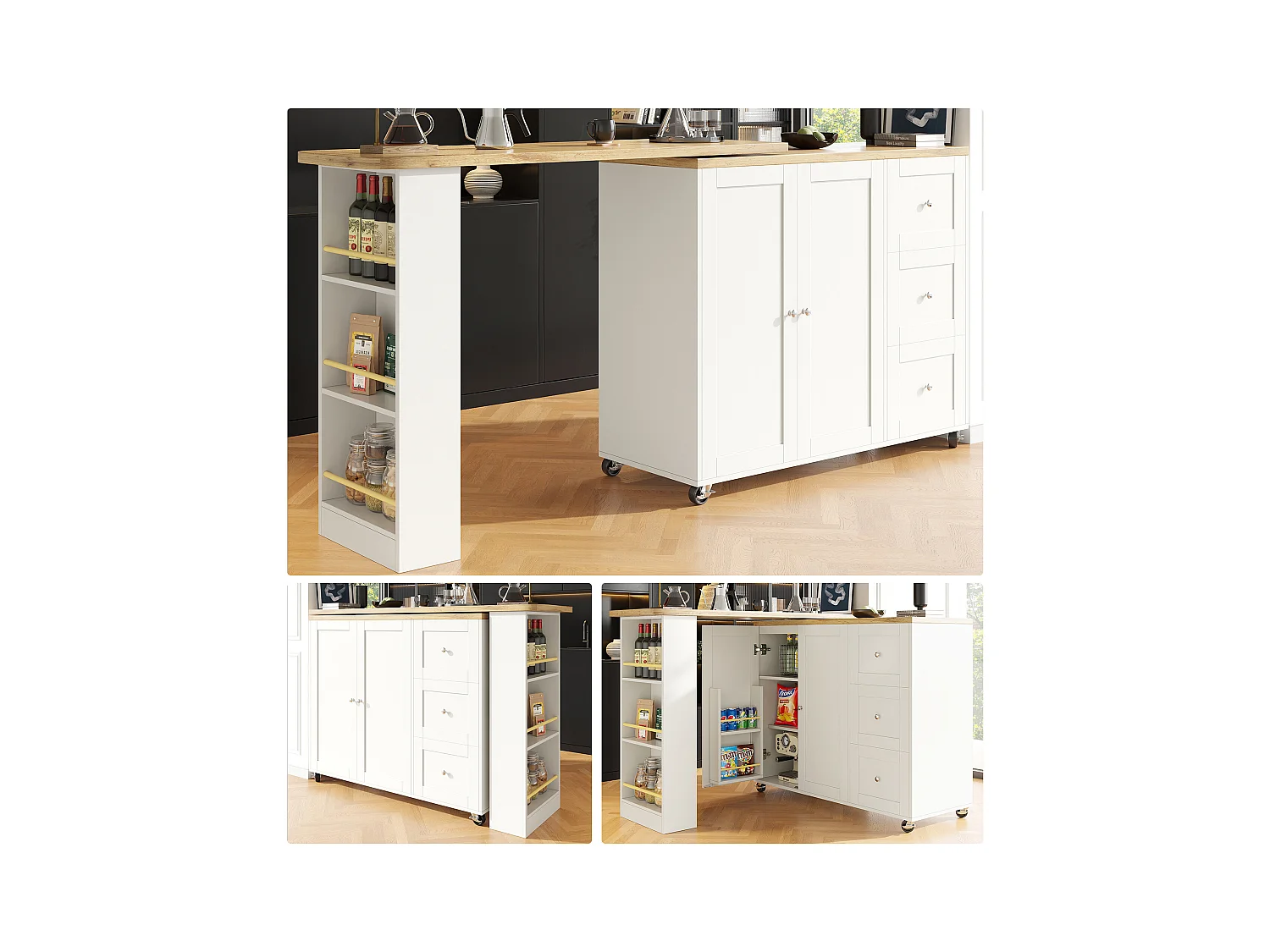Drehbarer Barschrank - 2 Türen, 2 Schubladen und Ablageflächen - 138/209 x 39 x 104 cm - MDF-Holz und Glas - Weiß + Natur