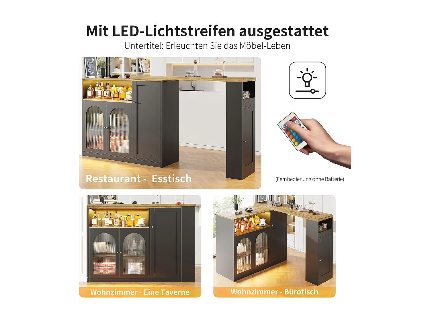 Meuble de bar pivotant - 4 portes et étagères de rangement - LEDs - Bois MDF - Noir et naturel