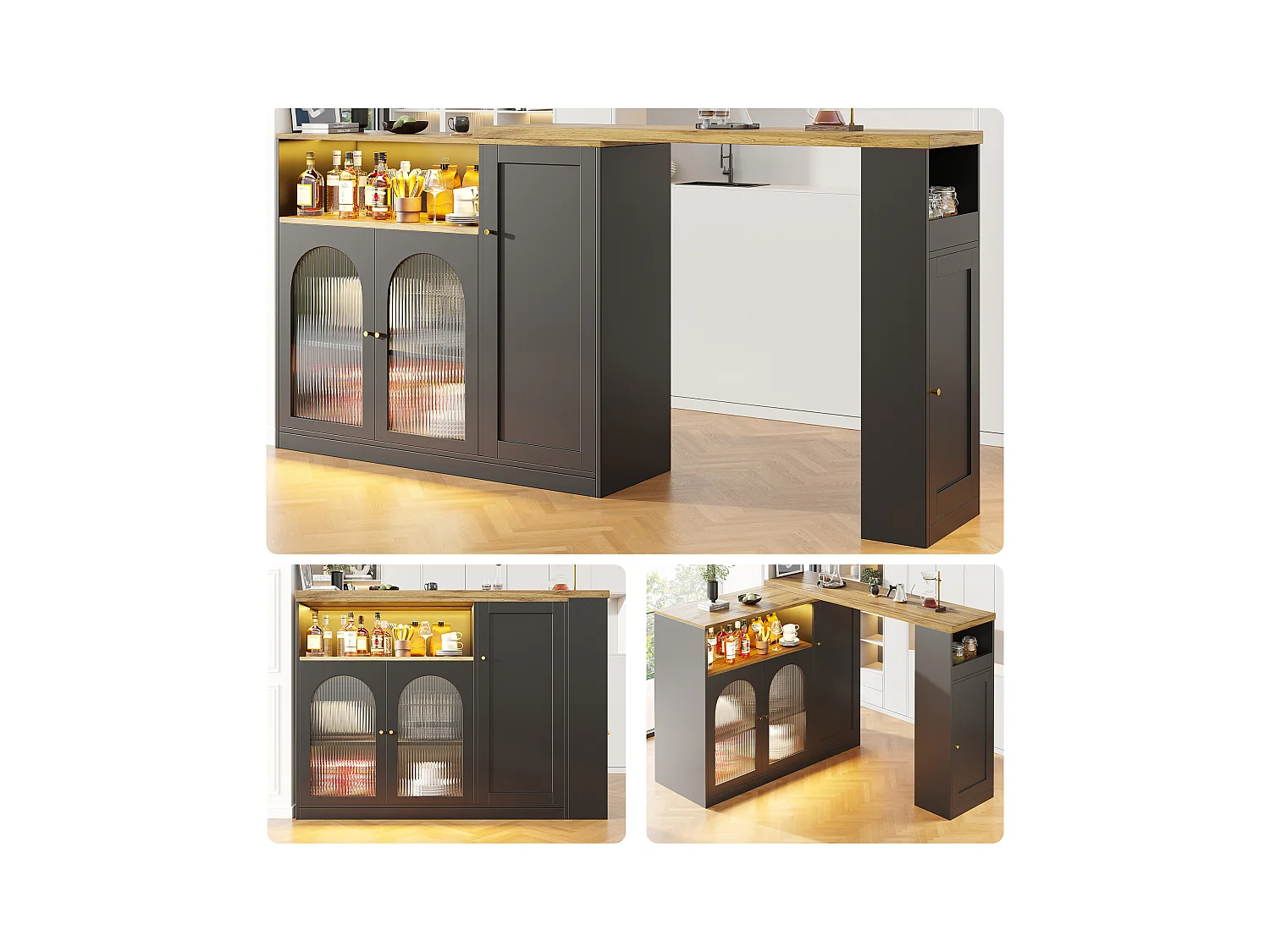 Meuble de bar pivotant - 4 portes et étagères de rangement - LEDs - Bois MDF - Noir et naturel
