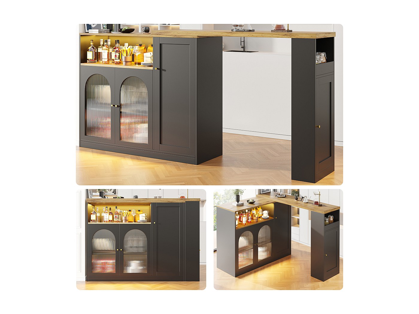 Meuble de bar pivotant - 4 portes et étagères de rangement - LEDs ...