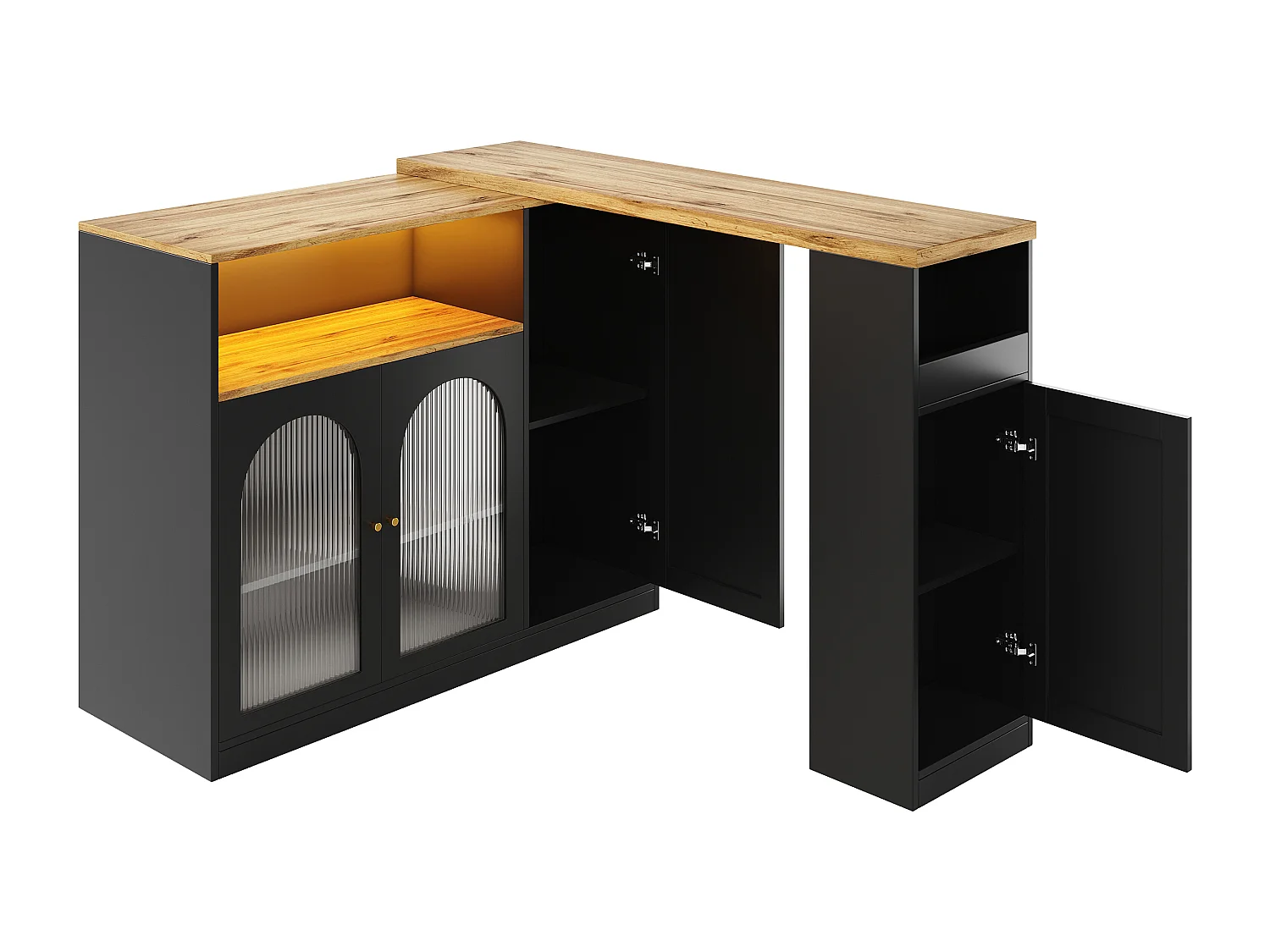 Meuble de bar pivotant - 4 portes et étagères de rangement - LEDs - Bois MDF - Noir et naturel