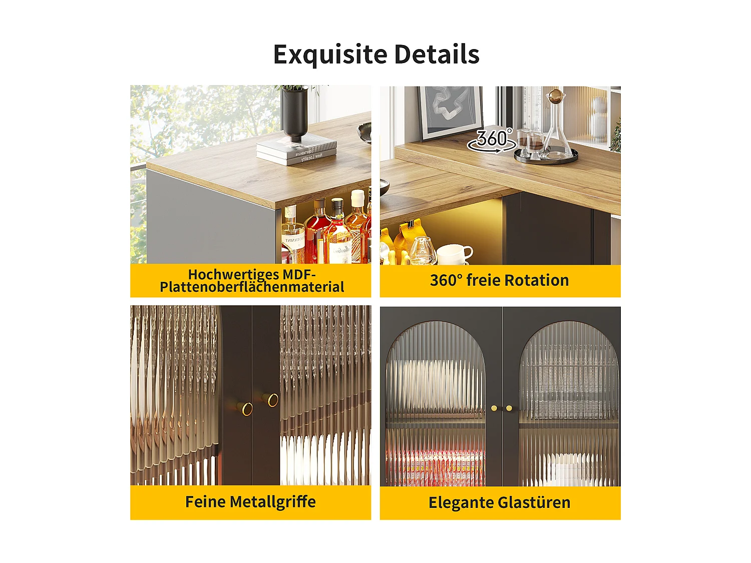 Meuble de bar pivotant - 4 portes et étagères de rangement - LEDs - Bois MDF - Noir et naturel