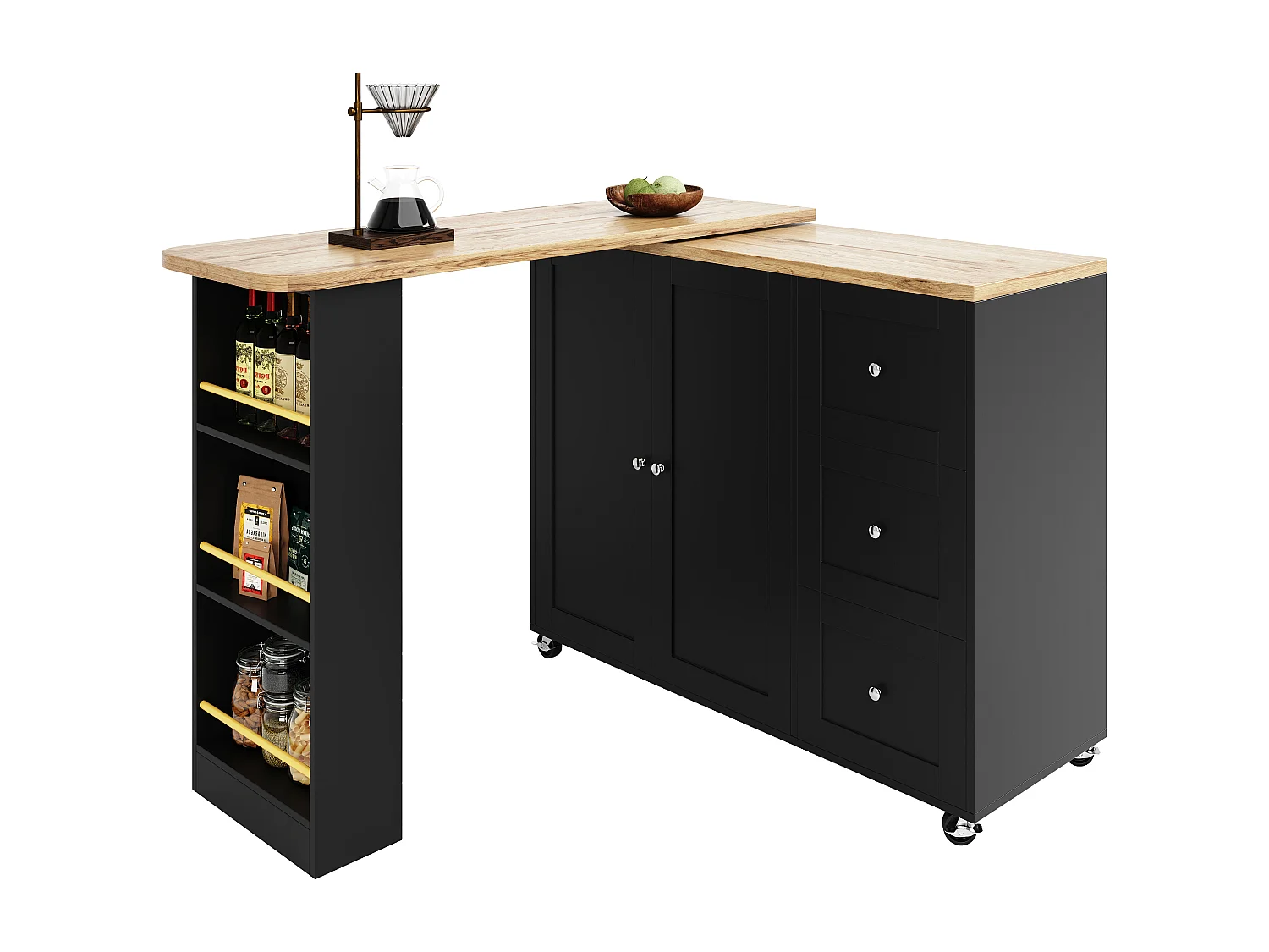 Szafka uchylna z drążkiem - 2 drzwi, 2 szuflady i półki do przechowywania - 138/209 x 39 x 104 cm - drewno MDF i szkło - czarny + naturalny