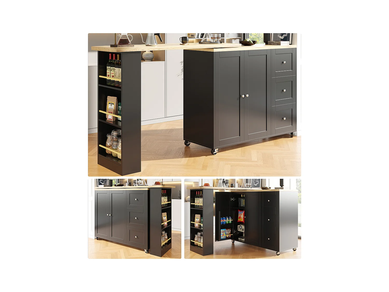 Meuble de bar pivotant - 2 portes, 2 tiroirs et étagères de rangement - 138/209 x 39 x 104 cm - Bois MDF et verre - Noir + naturel