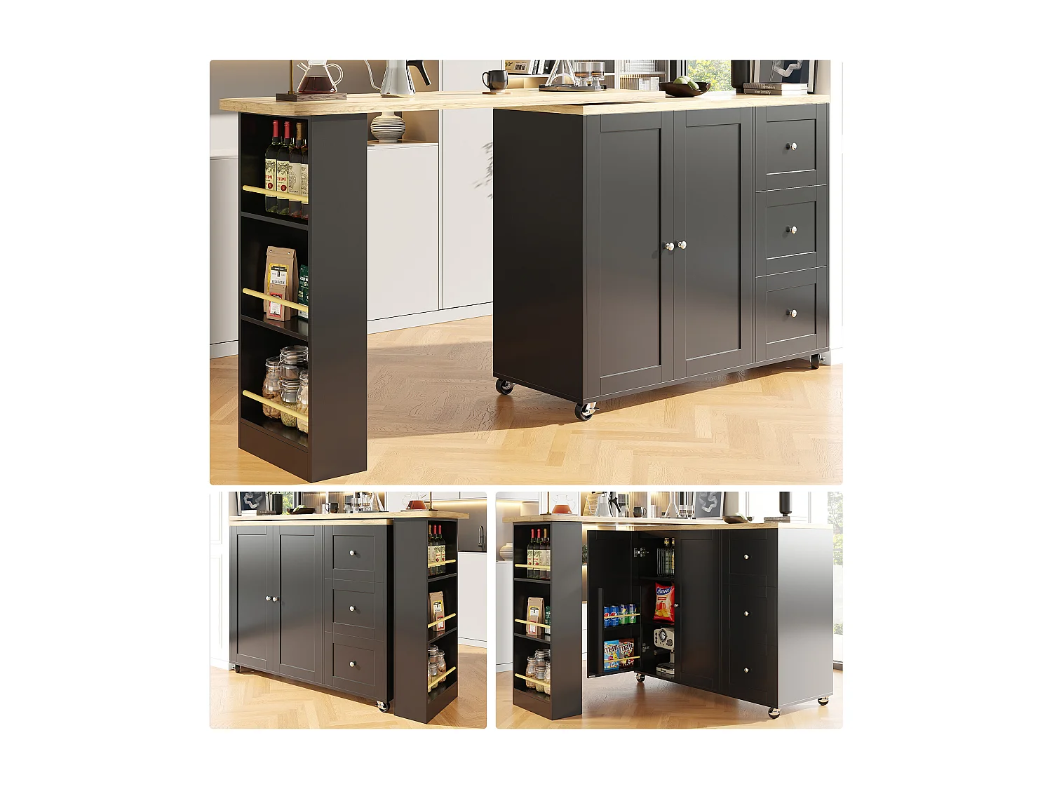 Meuble de bar pivotant - 2 portes, 2 tiroirs et étagères de rangement - 138/209 x 39 x 104 cm - Bois MDF et verre - Noir + naturel