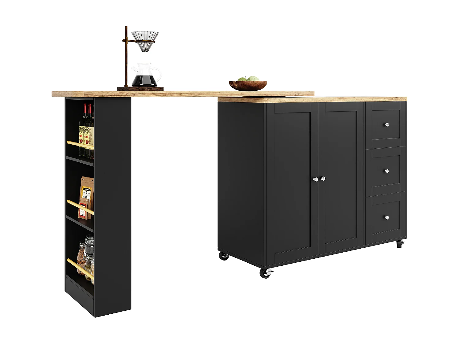 Draaibare barkast - 2 deuren, 2 laden en opbergplanken - 138/209 x 39 x 104 cm - MDF hout en glas - Zwart + naturel