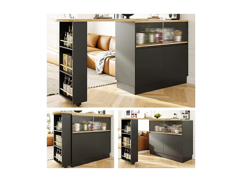 Mueble bar giratorio de 4 puertas y estantes de almacenamiento, madera MDF y vidrio, color negro y natural