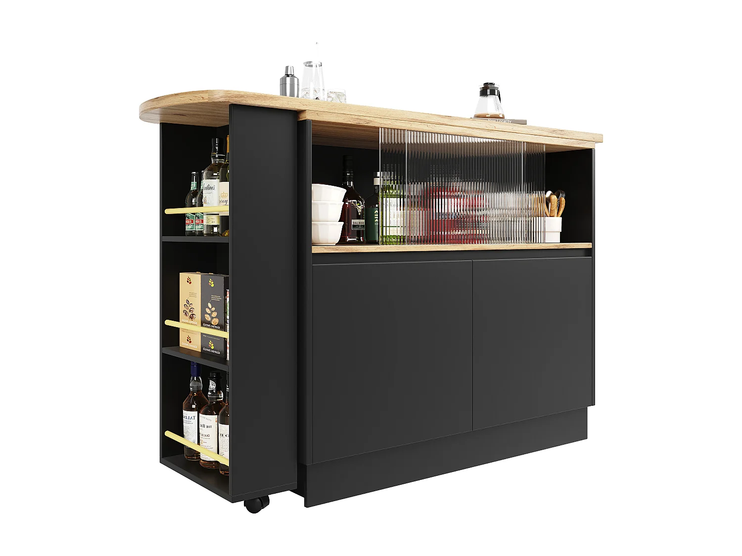 Meuble de bar pivotant - 4 portes et étagères de rangement - Bois MDF et verre - Noir + naturel