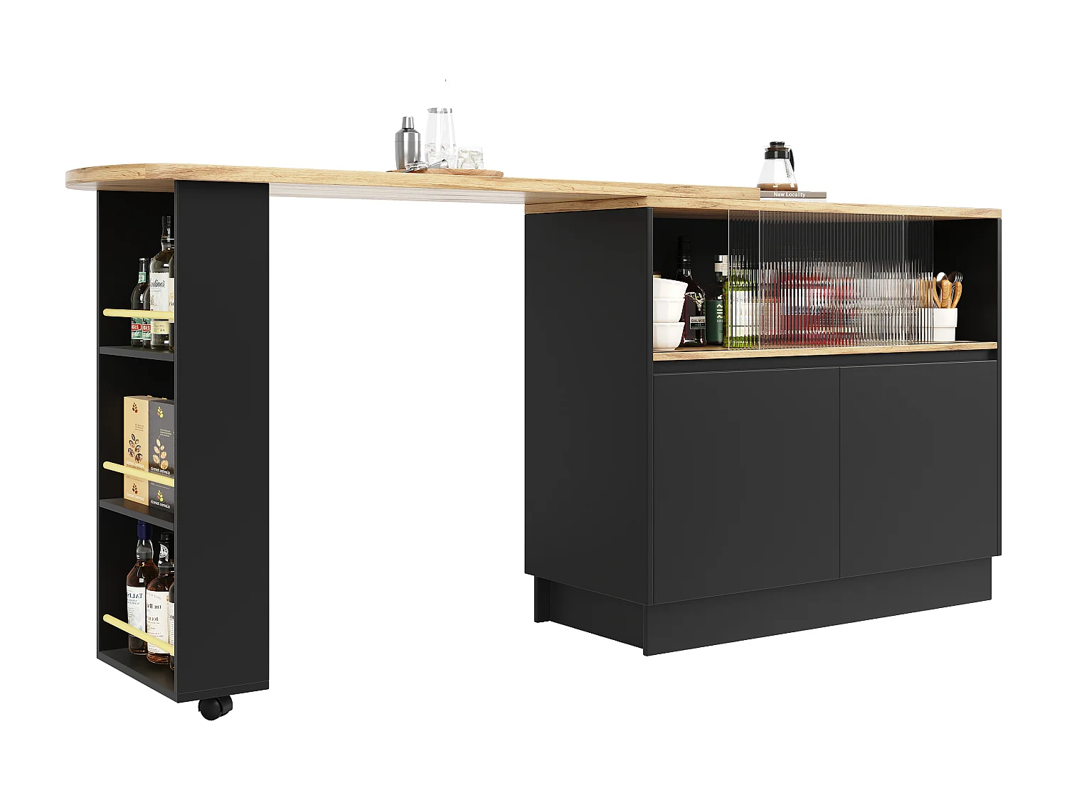 Meuble de bar pivotant - 4 portes et étagères de rangement - Bois MDF et verre - Noir + naturel