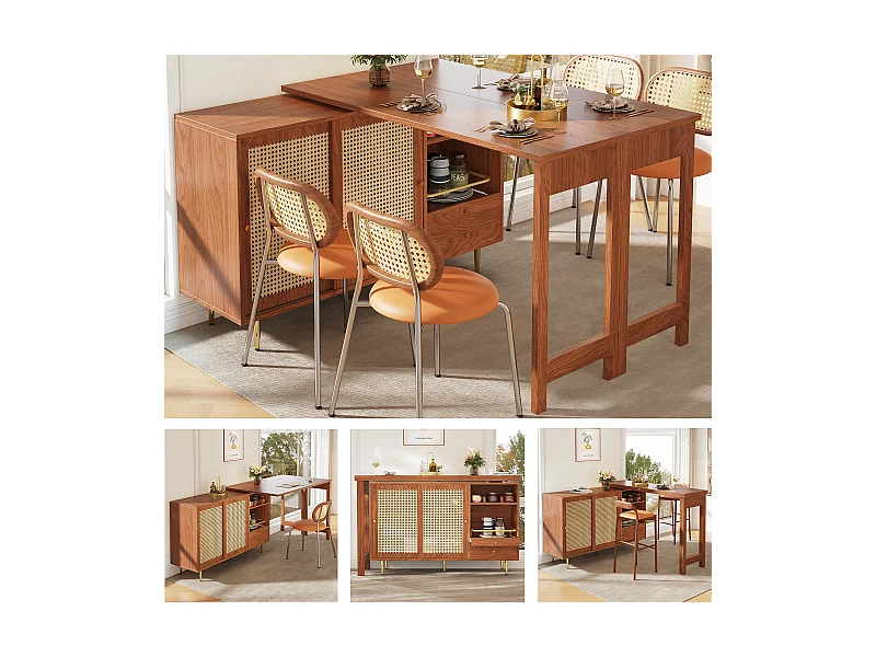 Mueble bar giratorio - 2 puertas, cajones y estantes de almacenaje - MDF y efecto ratán - Marrón