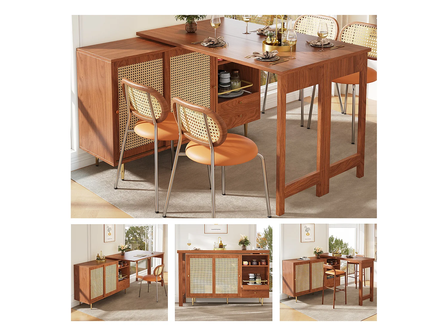 Meuble de bar pivotant - 2 portes, tiroirs et étagères de rangement - MDF et effet rotin - Marron