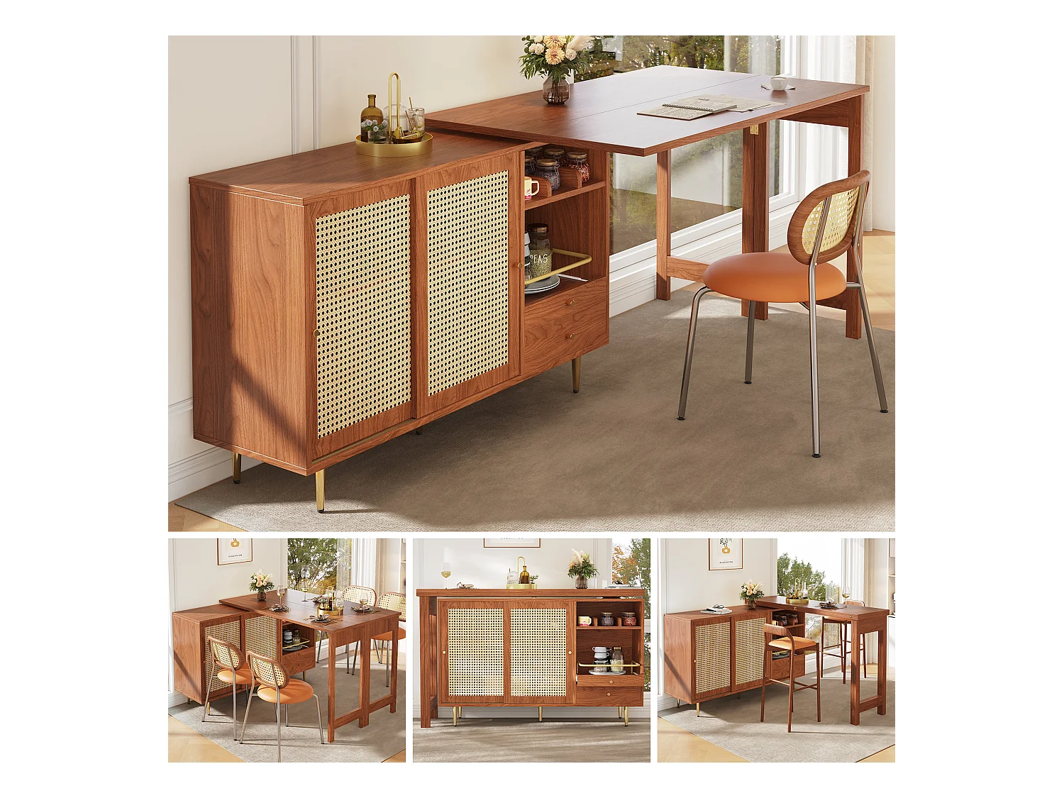 Draaibare barkast - 2 deuren, laden en opbergplanken - MDF en rotan-effect - Bruin