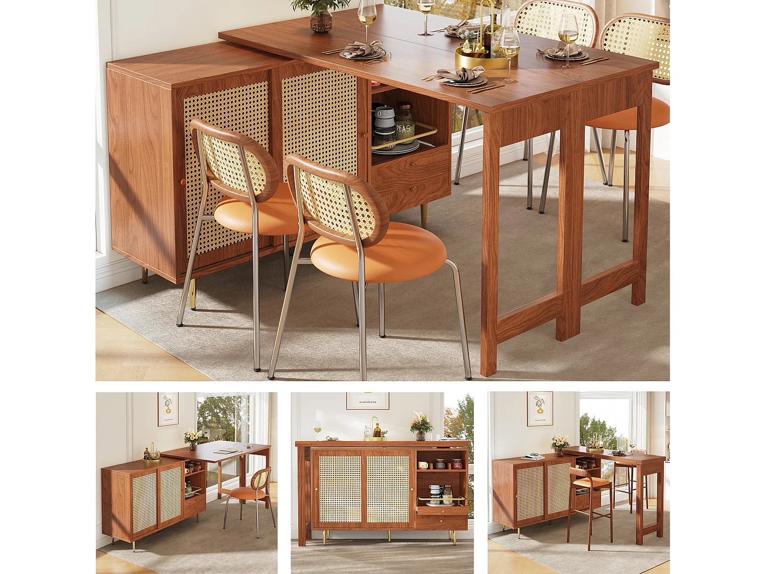 Meuble de bar pivotant - 2 portes, tiroirs et étagères de rangement - MDF et effet rotin - Marron