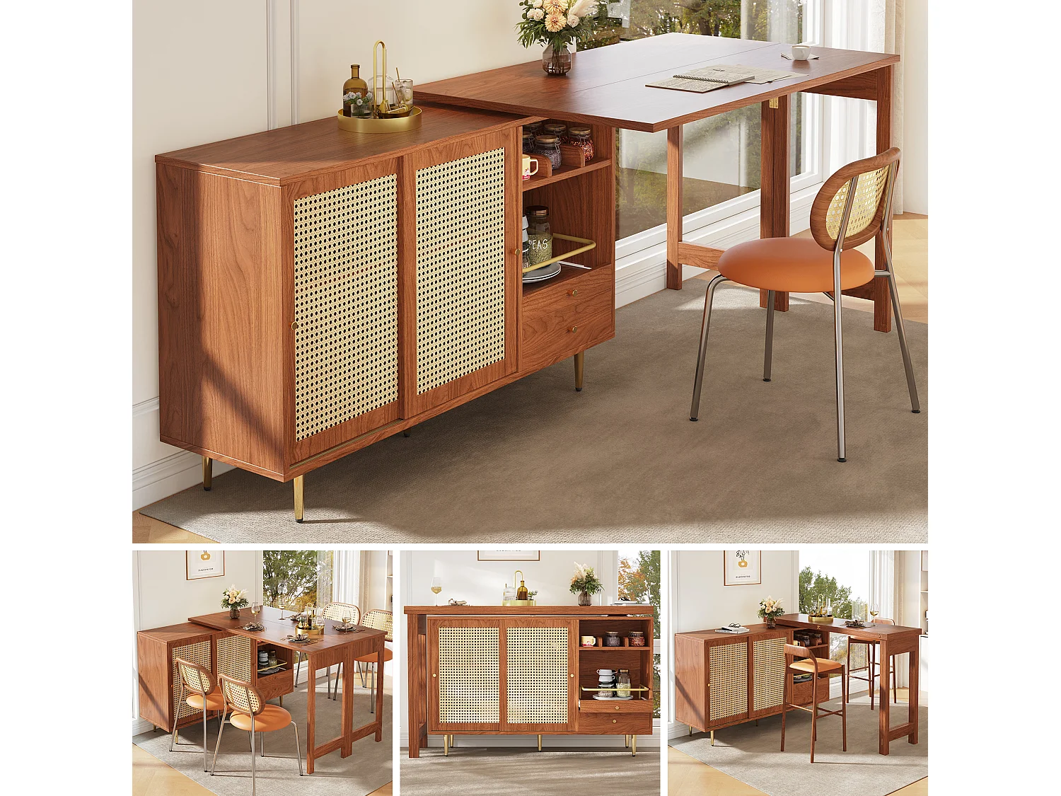 Meuble de bar pivotant - 2 portes, tiroirs et étagères de rangement - MDF et effet rotin - Marron