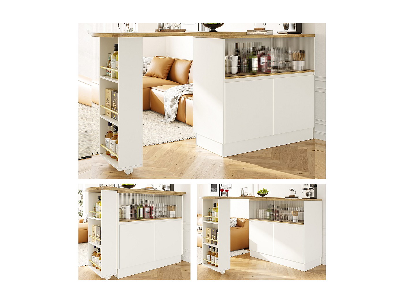 Meuble bar en bois avec miroir LED et rangements