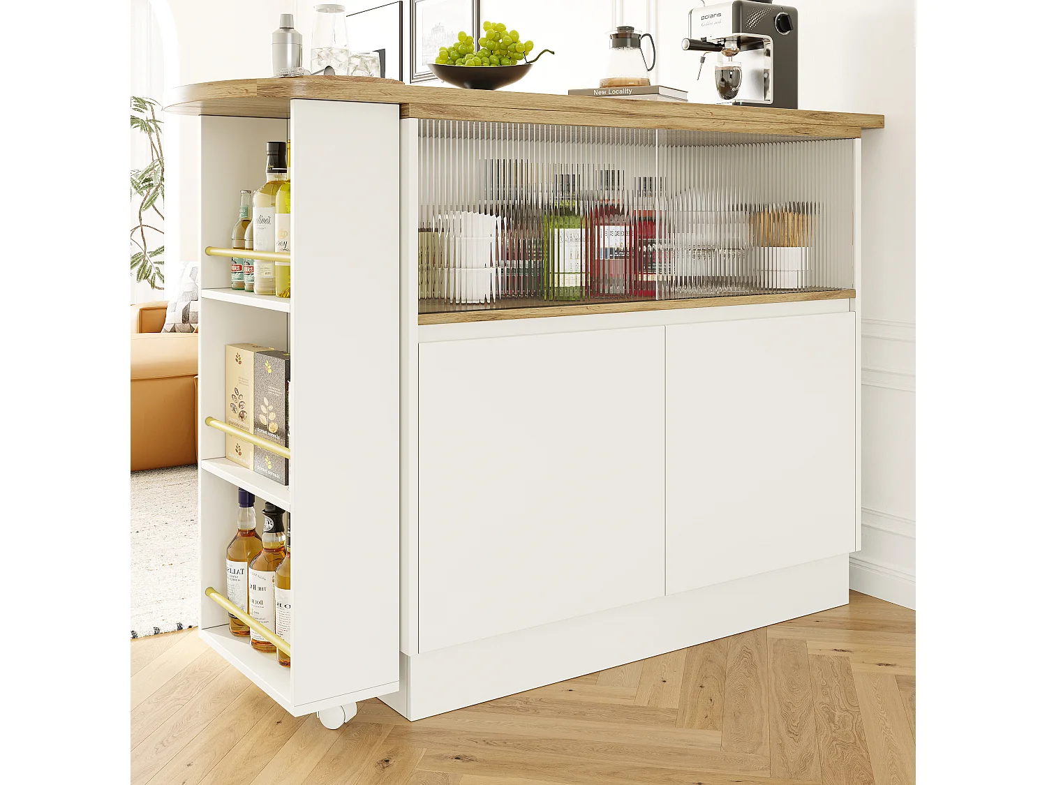 Draaibare barkast - 4 deuren en opbergplanken - MDF hout en glas - Wit + natuurlijk