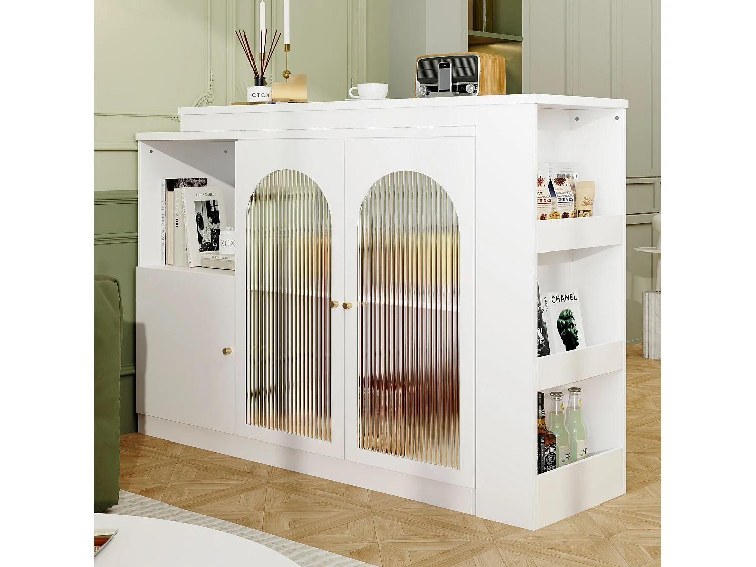 Mueble Bar Giratorio - 3 Puertas y Estantes de Almacenamiento - Madera MDF y Vidrio - Para Comedor o Sala - Blanco