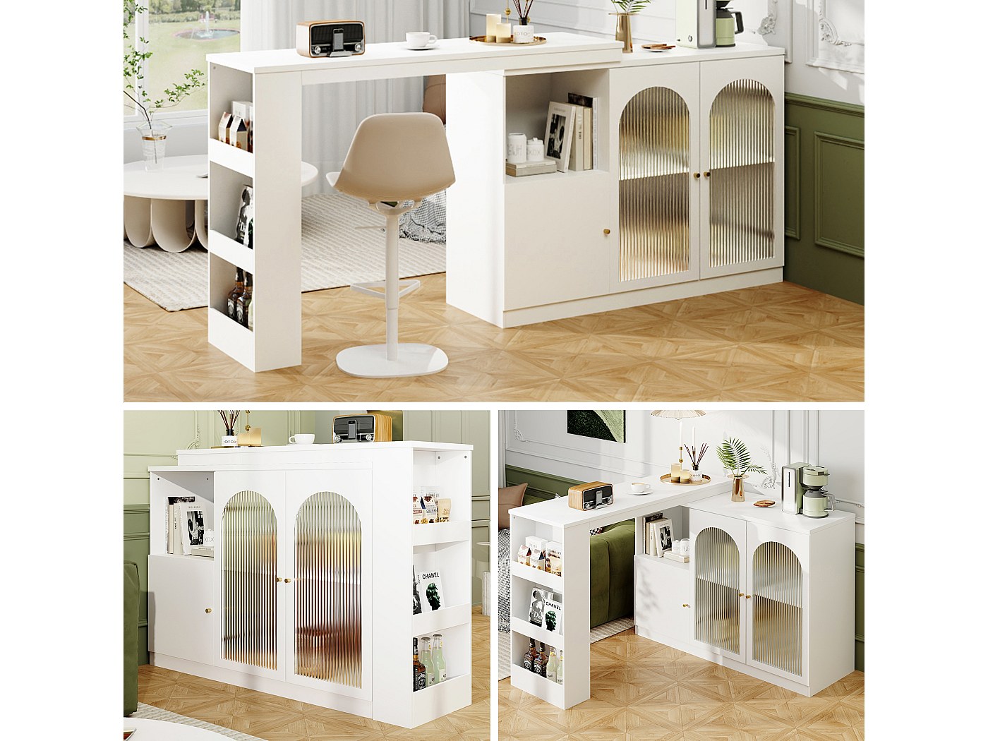 Meuble de bar pivotant - 3 portes et étagères de rangement - Bois MDF