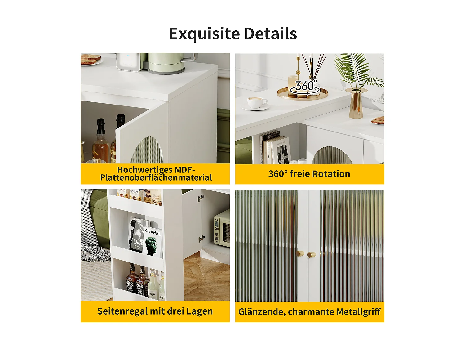 Draaibare barkast - 3 deuren en opbergplanken - MDF-hout en glas - voor eetkamer of woonkamer - Wit