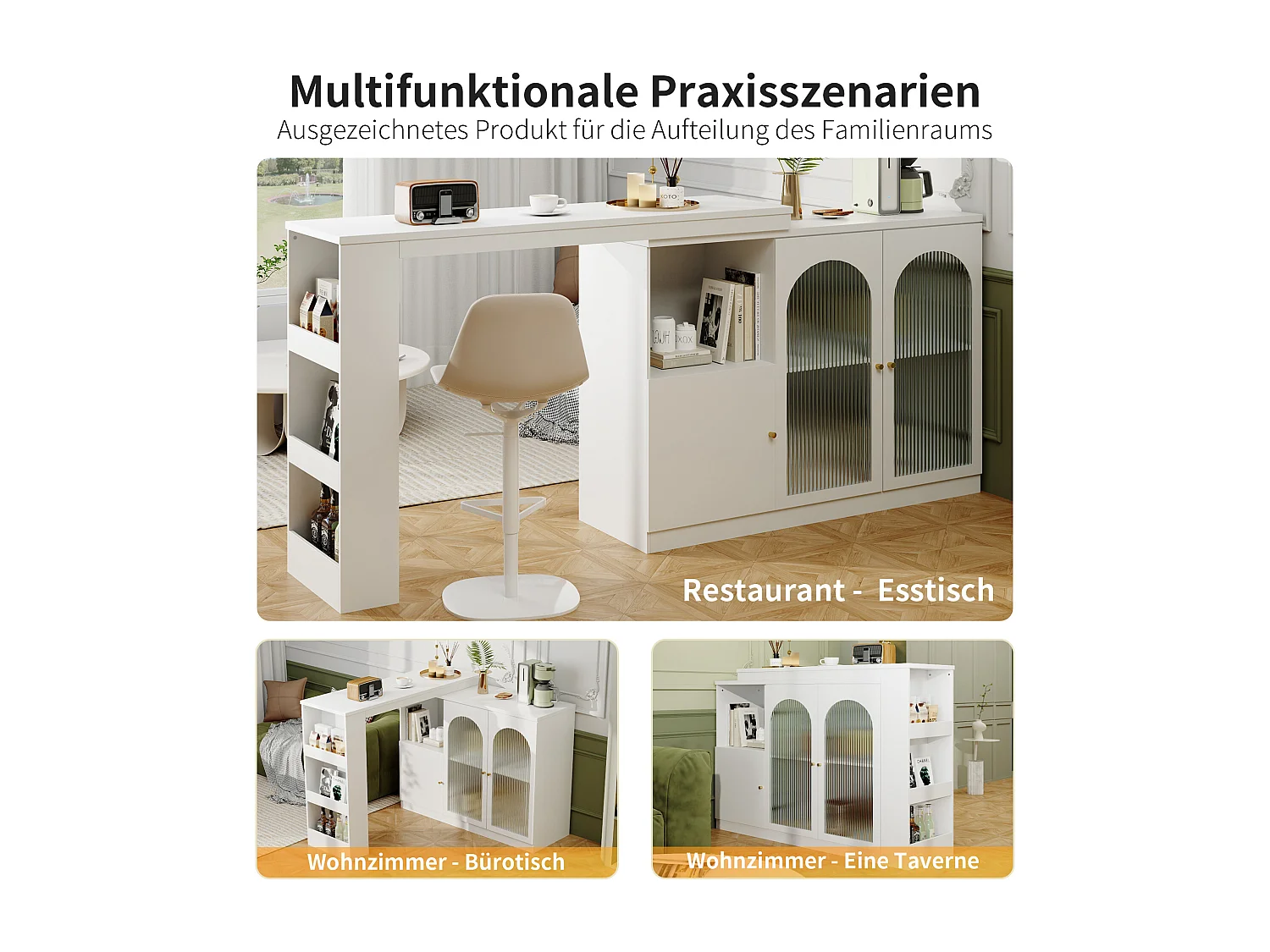 Draaibare barkast - 3 deuren en opbergplanken - MDF-hout en glas - voor eetkamer of woonkamer - Wit