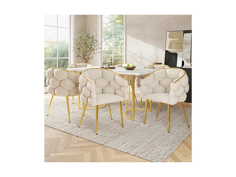 6er-Set Esszimmerstühle mit Armlehnen, Schminkstühle - 62 x 46 x 74 cm - Samt und goldene Eisenbeine - Beige