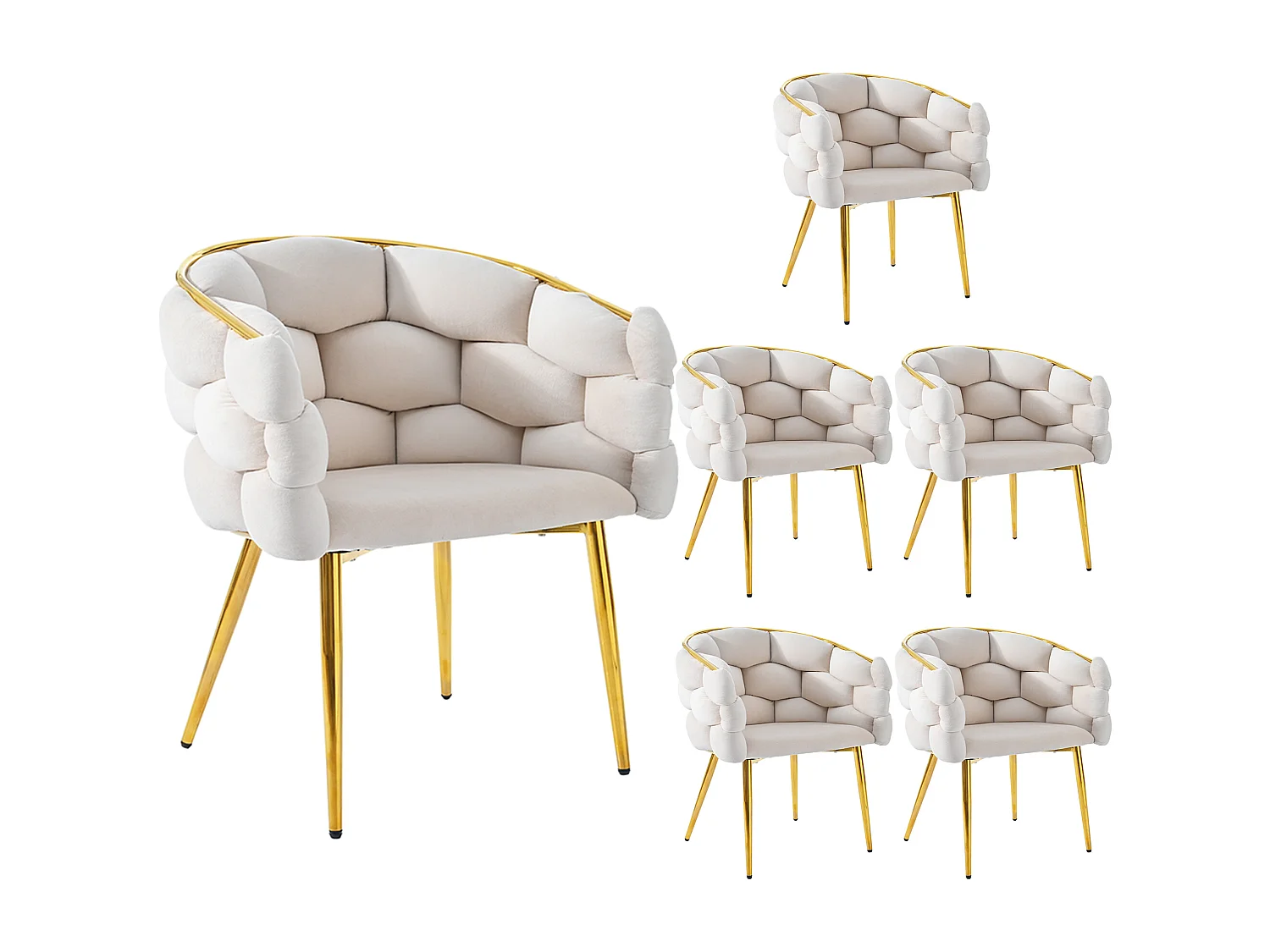 Lot de 6 chaises de salle à manger avec accoudoirs, chaises de maquillage - 62 x 46 x 74 cm - Velours et pieds en fer doré - Beige